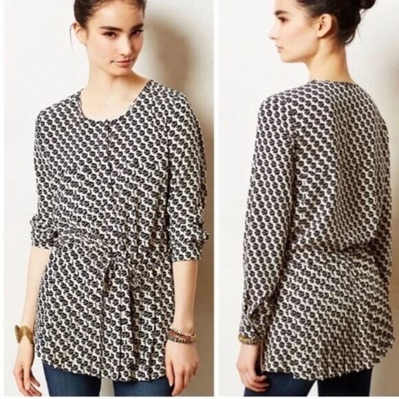 Anthropologie Maeve Selva Printed Button Front Pleated Drawstring Tunic Top - Picture 10 of 10